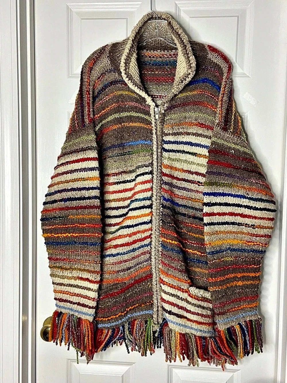 Handmade Striped Fringe zippered Cardigan in Brown & Multicolor